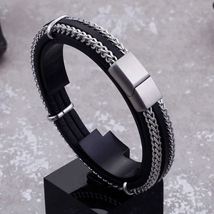 Men's multilayer black leather bracelet with silver wheat chains and magnetic clasp