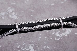 Detail of woven black leather and stainless steel chain textures on a men's bracelet