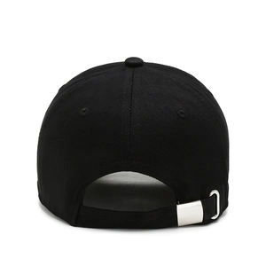 Classic black short brim baseball cap with adjustable metal buckle on back view