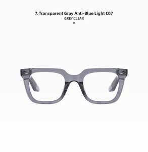 Detail of square transparent grey eyeglass frames with anti-blue light clear lenses