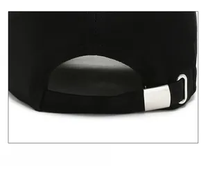 Detail of black cotton baseball cap showing adjustable silver metal buckle at the back
