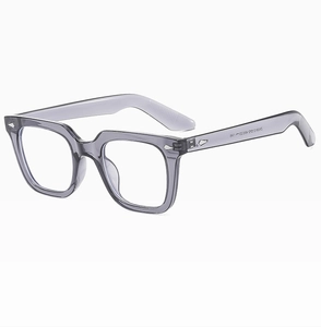 Detail view of retro square translucent grey frames with silver metal hinges and sleek temples