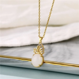 18K gold butterfly necklace featuring white jade stone and zircon pendant for women