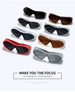 Detailed view of futuristic wrap-around sunglasses with striped side temple accents