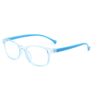Kids anti-blue light glasses with transparent frame and blue temples in a minimalist style