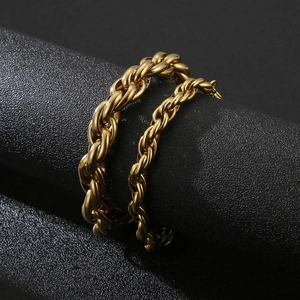 Gold stainless steel curb chain bracelet set for men with polished metallic finish