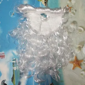 Close-up of white curly Santa Claus beard set with elastic straps for cosplay