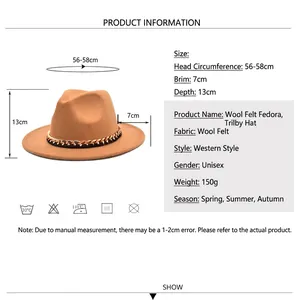 Two-tone wool fedora hat with metal chain detail and dimension specs 56-58cm