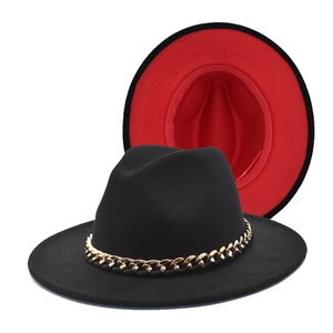 Detailed view of bicolor wool fedora featuring red underbrim and gold chain accent