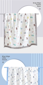 Detailed texture of cotton gauze baby towels with forest bear and house patterns