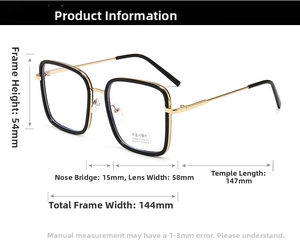 Tabella taglie dettagliata per occhiali anti-luce blu con misure precise in nero