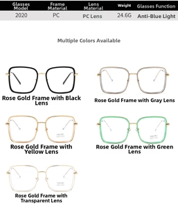 Tabella dettagliata con cinque opzioni di colore per occhiali in PC anti-luce blu
