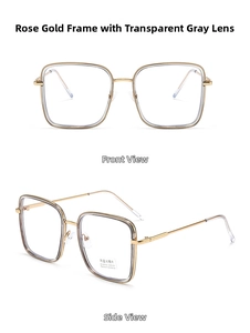 Dettaglio montatura oro rosa e grigio trasparente con lenti anti luce blu