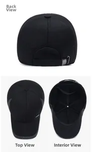 Detailed views of the black winter baseball cap showing the back buckle, top, and lining