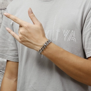 Polished silver stainless steel cuban link bracelet for men with punk rock style