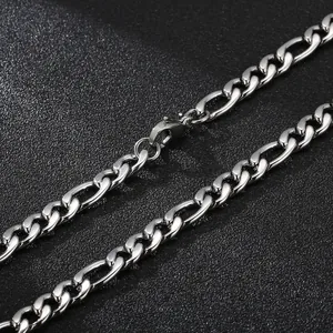Street style silver Figaro chain necklace for men with a polished lobster clasp finish