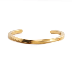 Polished golden twisted stainless steel open bangle bracelet for a minimalist look