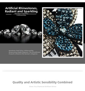 Macro shot of elegant blue floral hair clip with sparkling rhinestones on black background