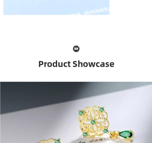 Detailed view of hollow floral gold earrings with emerald green teardrop pendants