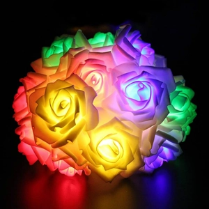 Detail of colorful glowing foam rose sphere LED fairy lights for room decor