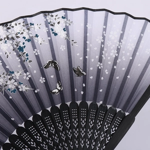 Japanese style folding fan with blue gradient fabric, silver cherry blossoms and butterflies