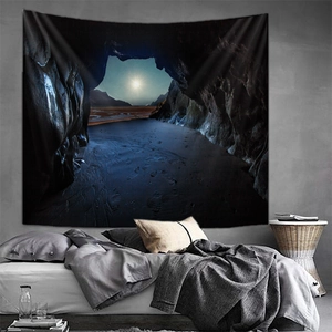 Detailed beach night landscape tapestry hanging on a modern minimalist bedroom wall decor