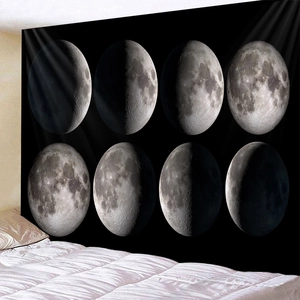 Detailed close-up showing the moon phase cycles and crater details on black tapestry fabric