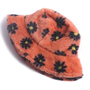 Cappello da pescatore invernale in peluche con stampa di margherite in pelliccia arancione