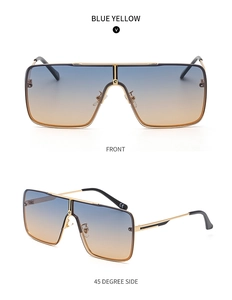 Detailed front and side views of large square blue-yellow gradient lens sunglasses