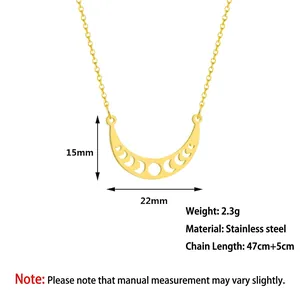 Gold stainless steel crescent moon phase pendant necklace with 15x22mm cutout charm
