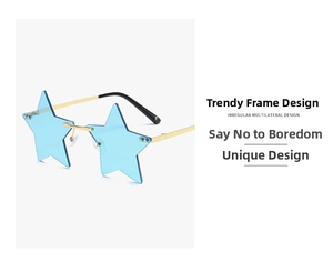 Detail of star-shaped rimless sunglasses with light blue lenses and gold metal temples
