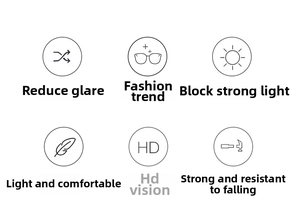 Detail view of rimless star sunglasses features including HD vision and glare reduction
