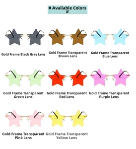 Detailed grid showing 8 colorful star-shaped rimless sunglasses with gold metal frames
