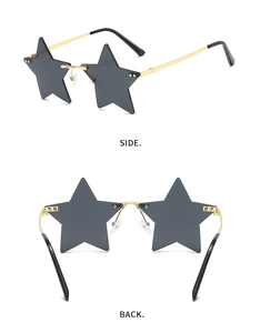 Detailed side and back views of star-shaped rimless sunglasses with gold metal temples