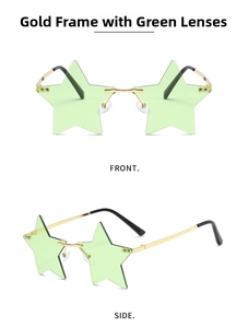 Frameless star shaped sunglasses with gold temples and transparent green lenses side view