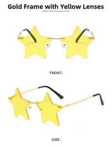 Macro detail of star-shaped gold frames with yellow transparent lenses in front and side views