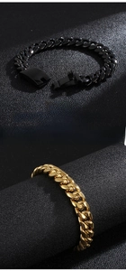 Détails de bracelets à maillons cubains en acier inoxydable noir mat et or poli pour hommes