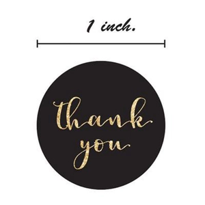 Black 1 inch round thank you stickers with gold foil lettering for gift packaging