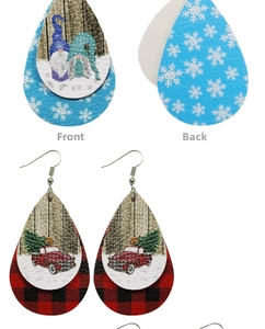 Vue détaillée des boucles d'oreilles de Noël en similicuir en forme de larme, recto et verso