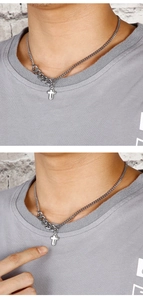 Close-up of a silver stainless steel cross pendant on a thick mixed Cuban link chain for men
