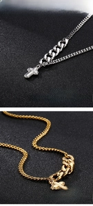 Detail of 316L stainless steel cross pendants with rugged Cuban link chain texture