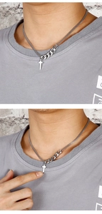 Detail of silver cross pendant with mixed Cuban and fine chain on a neck model