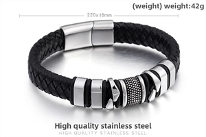 Detail view of black braided leather bracelet with stainless steel magnetic clasp and dimensions