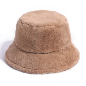 Plush khaki faux rabbit fur bucket hat with warm thickened fleece for winter women wear