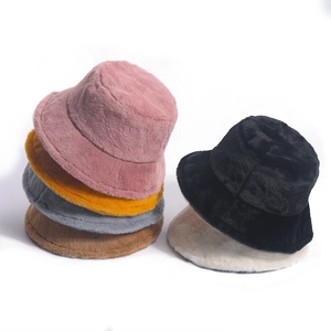 Faux Rabbit Fur Bucket Hat Winter Warm Plush Thick Solid Color Small Brim Dome Windproof Fisherman Cap For Women