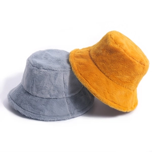 Winter plush bucket hat in ginger and gray made of thick faux rabbit fur for women