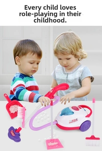 Detailed kids cleaning set with pink vacuum, brushes and dustpan for pretend play