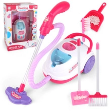 Kids cleaning playset featuring a pink toy vacuum cleaner, broom, and dustpan accessories