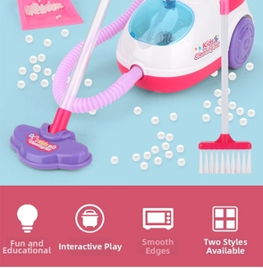 Detailed view of pink kids cleaning toy set including vacuum broom and dustpan