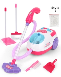 Detailed components of kids cleaning set including toy vacuum, broom, and dustpan kit
